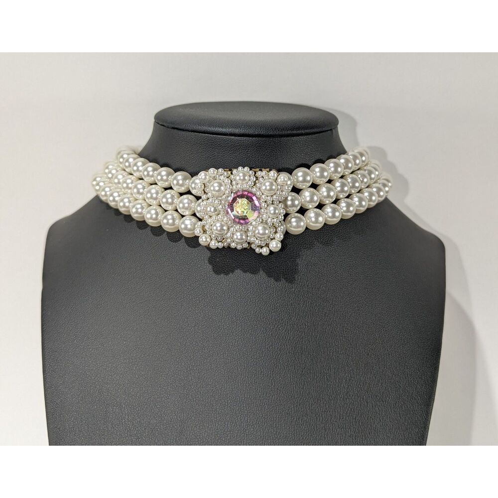 Faux White Pearl Three Strand Choker